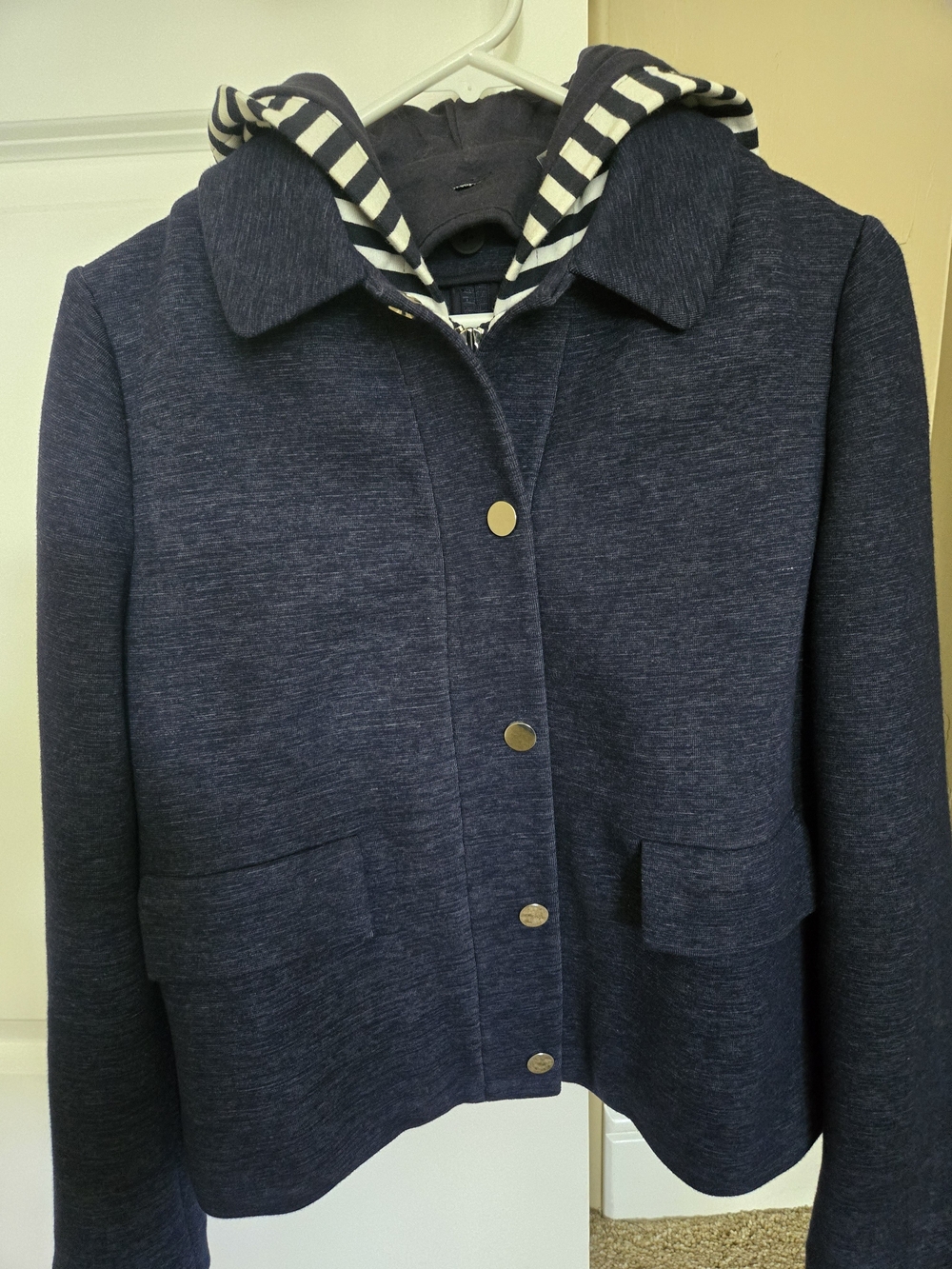 Tory Burch Navy Hooded Bomber Jacket with Striped Hood